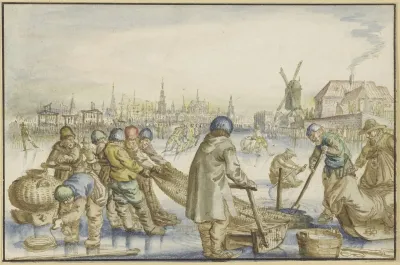 Winterlandschaft Mit Vielen Schlittschuhlaufern Im Vordergrund Ziehen Fischer Ein Netz Aus Dem Eise