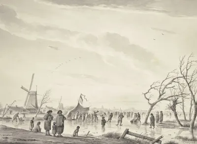 Winterlandschaft Mit Vielen Schlittschuhlaufern Und Zelten Auf Dem Eis Bei Einer Windmuhle