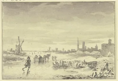 Winterlandschaft Rechts Eine Stadt Links Eine Windmuhle In Der Mitte Ein Schlittschuhlaufer