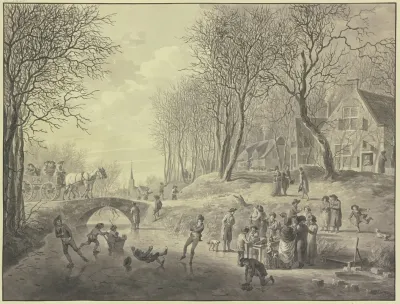Winterlandschaft Schlittschuhlaufer Auf Dem Kanal Uber Den Eine Steinerne Brucke Fuhrt