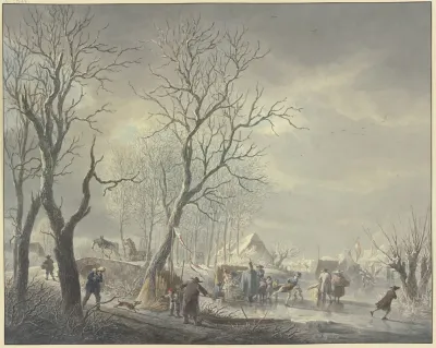 Winterlandschaft Schlittschuhlaufer Bei Zelten Auf Dem Kanal Ein Husar Umarmt Ein Getranke Haltendes Madchen