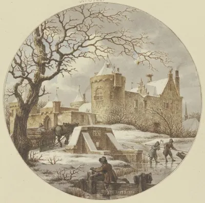 Winterlandschaft Vor Der Stadtmauer Auf Der Brucke Ein Holzschlitten