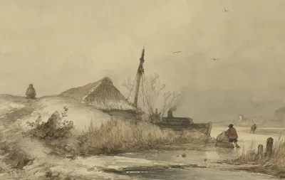 Winterlandschap Met Boerderij Aan Sloot