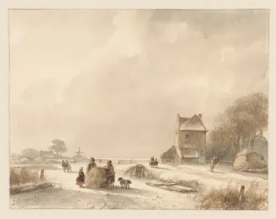 Winterlandschap Met Hooislee En Schaatsers