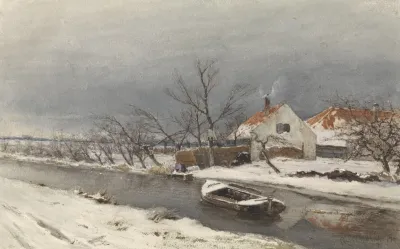 Winterlandschap Met Huizen Aan Een Vaart