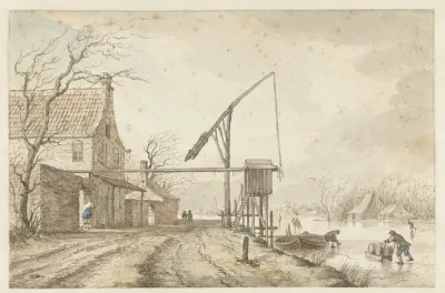 Winterlandschap Met Huizen En Hefboom Langs Bevroren Vaart