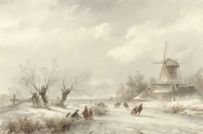 Winterlandschap Met Schaatsenrijders Bij Een Molen