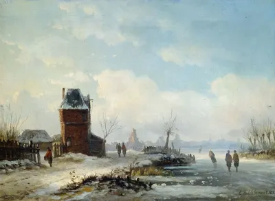 Winterliche Kanallandschaft Mit Blick Auf Eine Hollandische Stadt