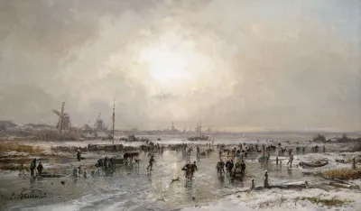 Winterliches Eisvergnugen Auf Einem Zugefrorenen Kanal Vor Hollandischer Stadtsilhouette