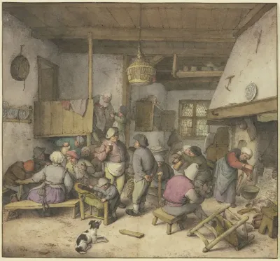 Wirtshausinterieur Mit Rauchenden Trinkenden Und Kosenden Bauern