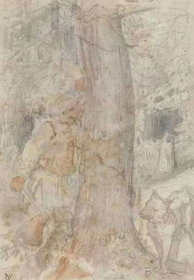 Wolf And Lumberjack Illustration For A Fable By Walery Przyborowski