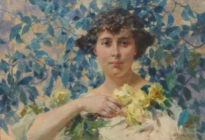 Woman Against Blossoming Shrubs