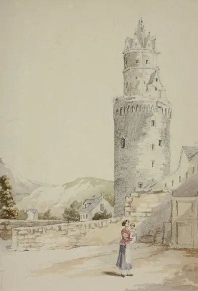 Woman And Child Before Walled Town With Tower