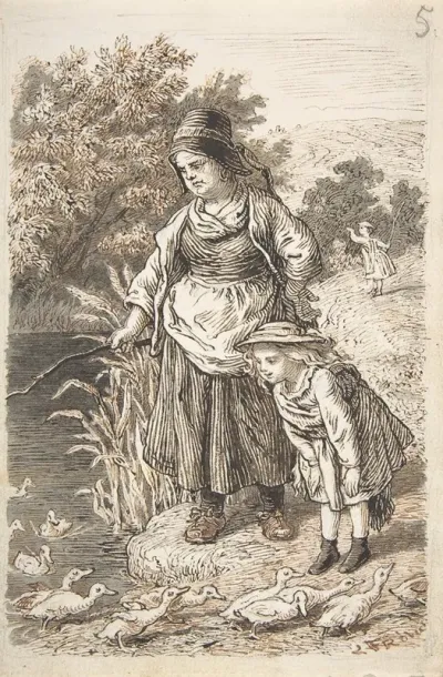 Woman And Child By A Duck Pond