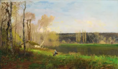 Woman And Child By A Pond