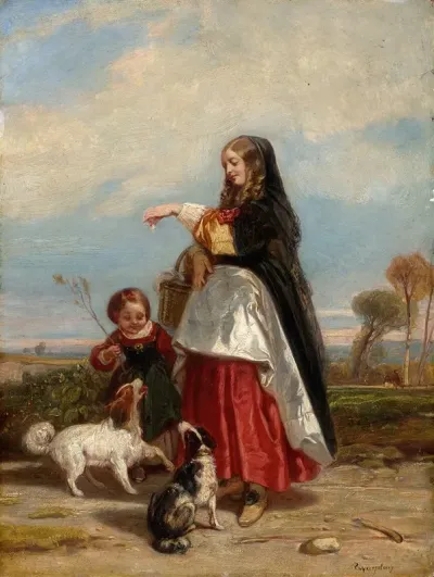 Woman And Child With Dogs