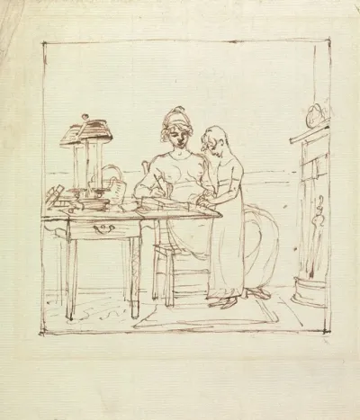 Woman And Girl At A Writing Desk