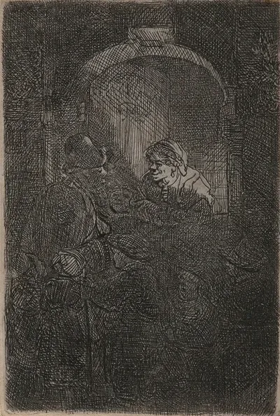 Woman At A Hatch Door Talking To A Man And Children The Schoolmaster