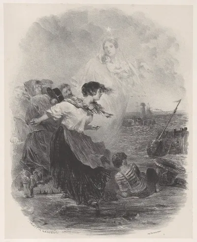 Woman By The Sea With The Madonna Pointing To A Ship