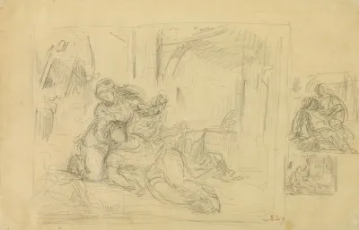 Woman Dying Man In Bedroom Two Sketches Of Same