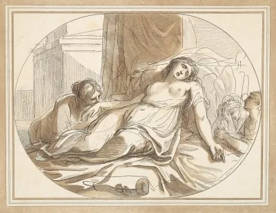 Woman Dying On A Bed With One Man And Two Women Mourning Her