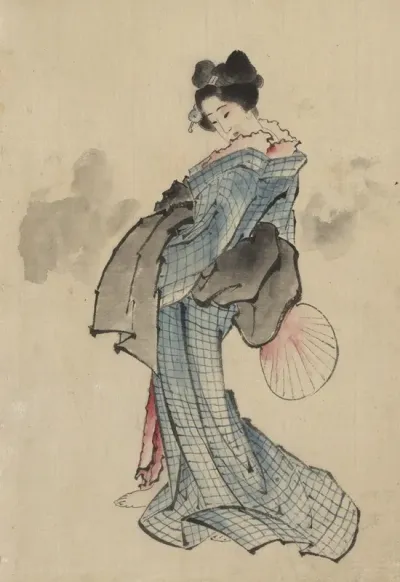 Woman Full Length Portrait Standing Facing Left Holding Fan In Right Hand Wearing Kimono With Check Design