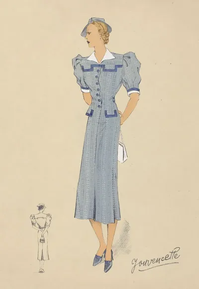 Woman In A Blue Dress With A White Collar