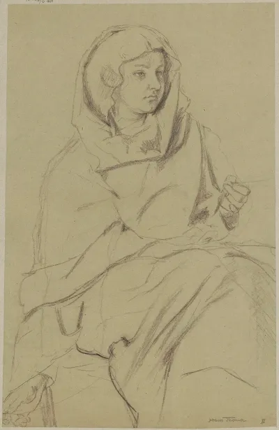 Woman In A Strongly Creased Robe And A Scarf On Her Head Spinning A Thread