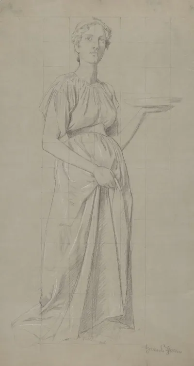 Woman In A Tunic Holding A Plate In Her Left Hand