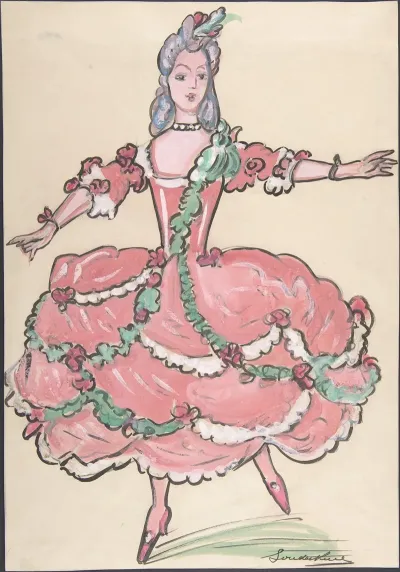 Woman In An Elegant Pink And Green Gown