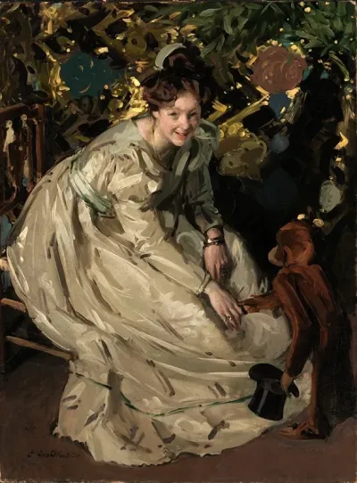 Woman In Arbor With Monkey