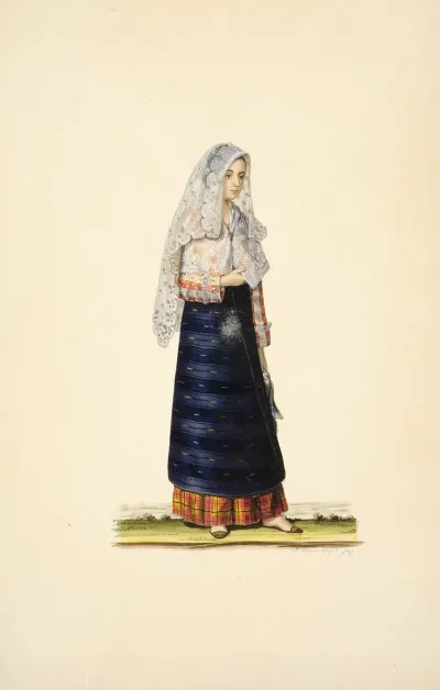 Woman In Blue Apron Orange And Yellow Plaid Skirt Red And White Striped Shirt Long White Veil Holding Scarf