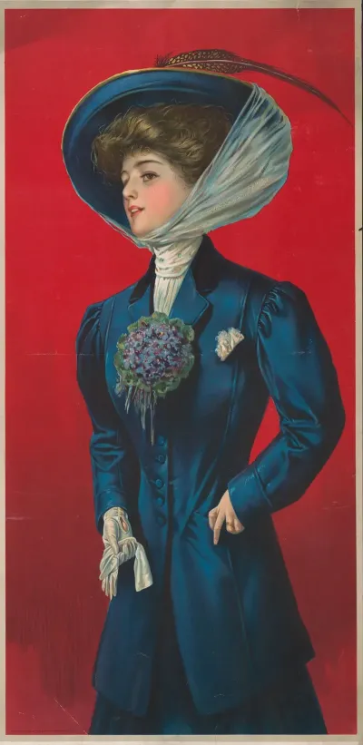 Woman In Blue Hat And Coat With Flower Corsage On Lapel 2