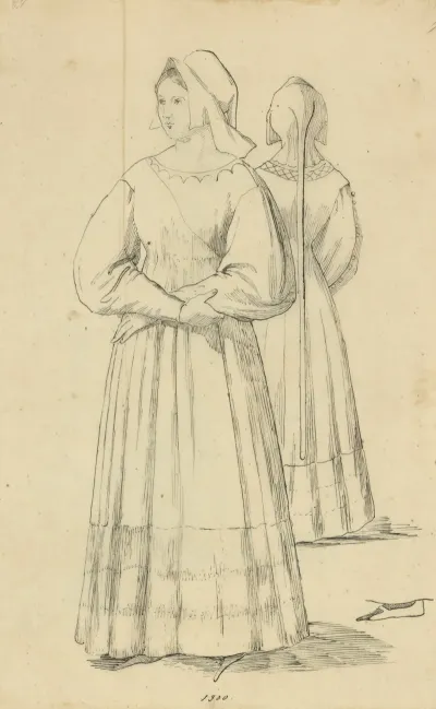 Woman In Bonnet And Long Dress With Full Sleeves With Back View Shown In Mirror 1300