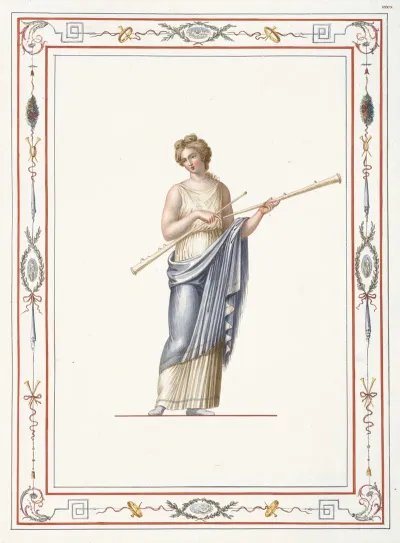 Woman In Classical Dress Holding Two Long Pipes