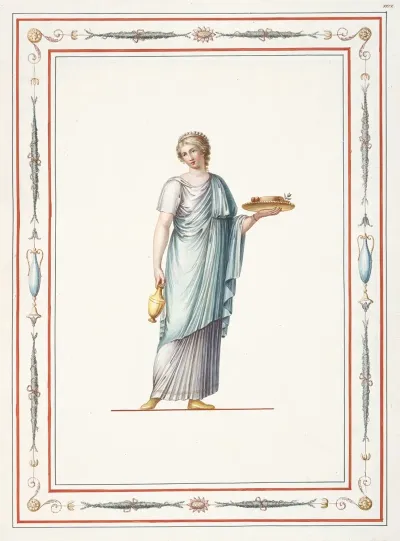 Woman In Classical Dress Holding Vase And Platter Of Food