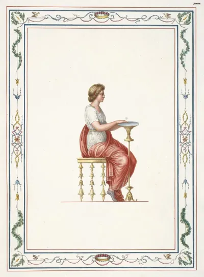Woman In Classical Dress Sitting At Small Table
