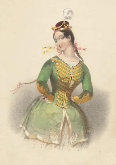 Woman In Green Military Style Jacket And Red Shako With White Feather Her Arms Akimbo