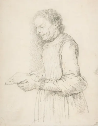 Woman In Half Length Profile View Facing Left And Reading A Piece Of Paper Signed Catarina