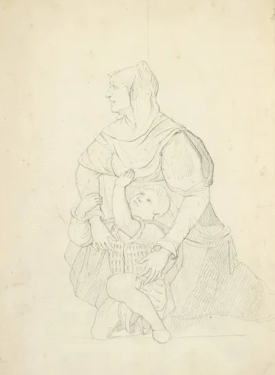 Woman In Head Piece And Dress With Shawl With Boy In Doublet And Breeches