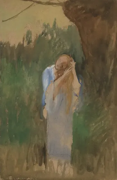 Woman In Landcape Combing Her Long Blond Hair