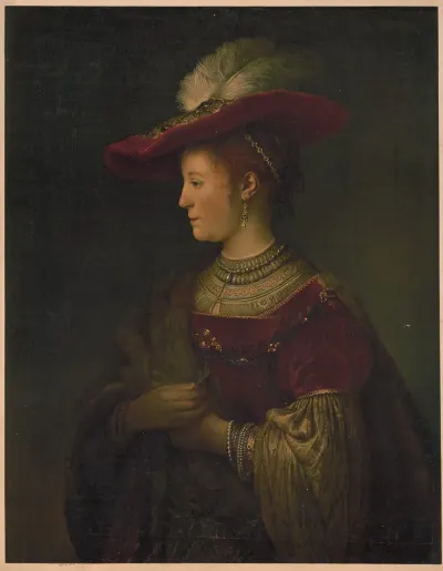 Woman In Red Velvet Fur Jewels And Feathered Hat