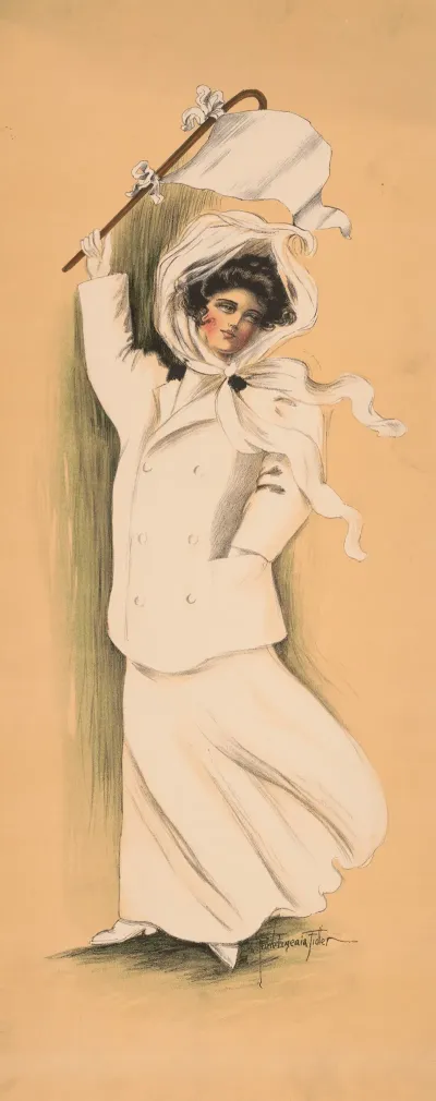 Woman In White Dress And Coat Waving White Flag 2