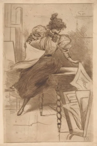 Woman Looking At Pictures In A Picture Stand