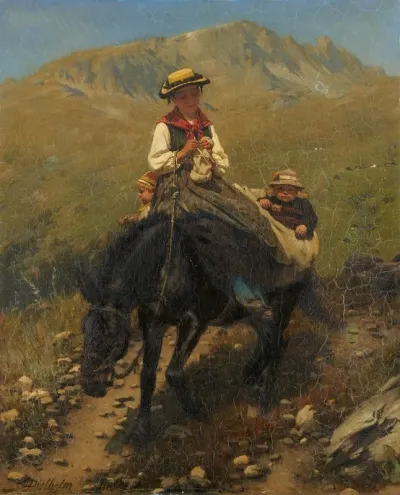 Woman Of The Valais With Two Children On A Mule