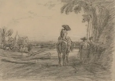 Woman On A Horse With Two Standing Women Overlooking A Landscape