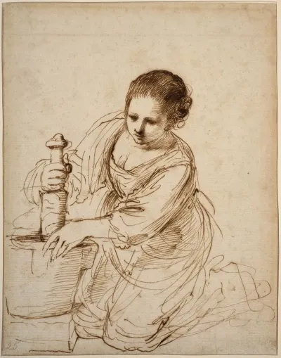 Woman On Her Knees Holding A Pestle And A Mortar