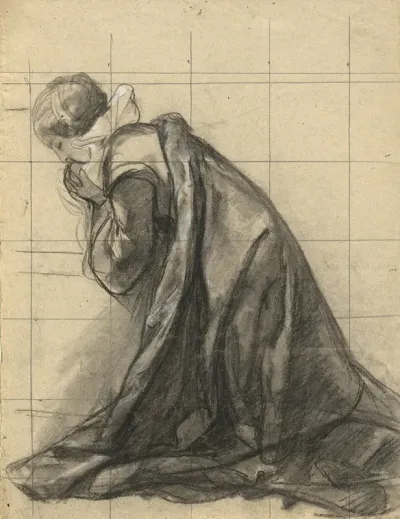 Woman Praying Sketch For Signing Of The Compact In The Cabin Of The Mayflower
