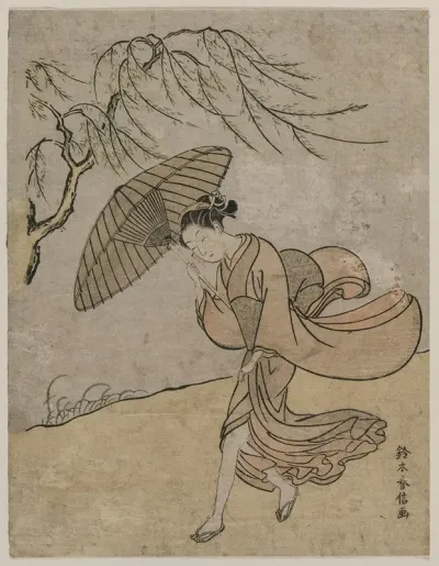 Woman Running Past A Willow Tree In A Breeze