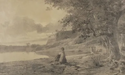 Woman Seated At The Edge Of A Pond
